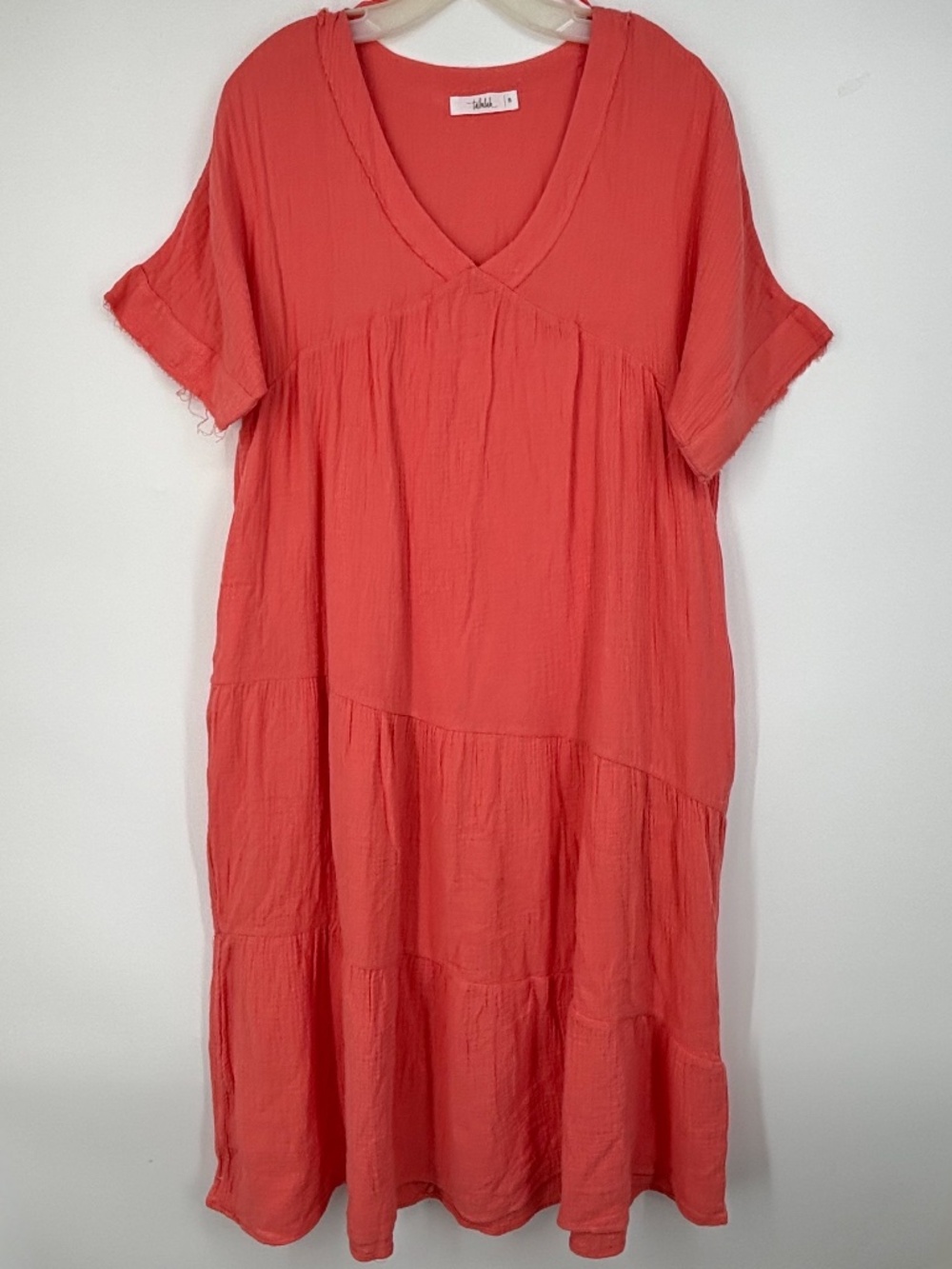 Talulah Womens Small Pullover Midi Dress Coral Pink 100% Cotton Gauze Short Slv